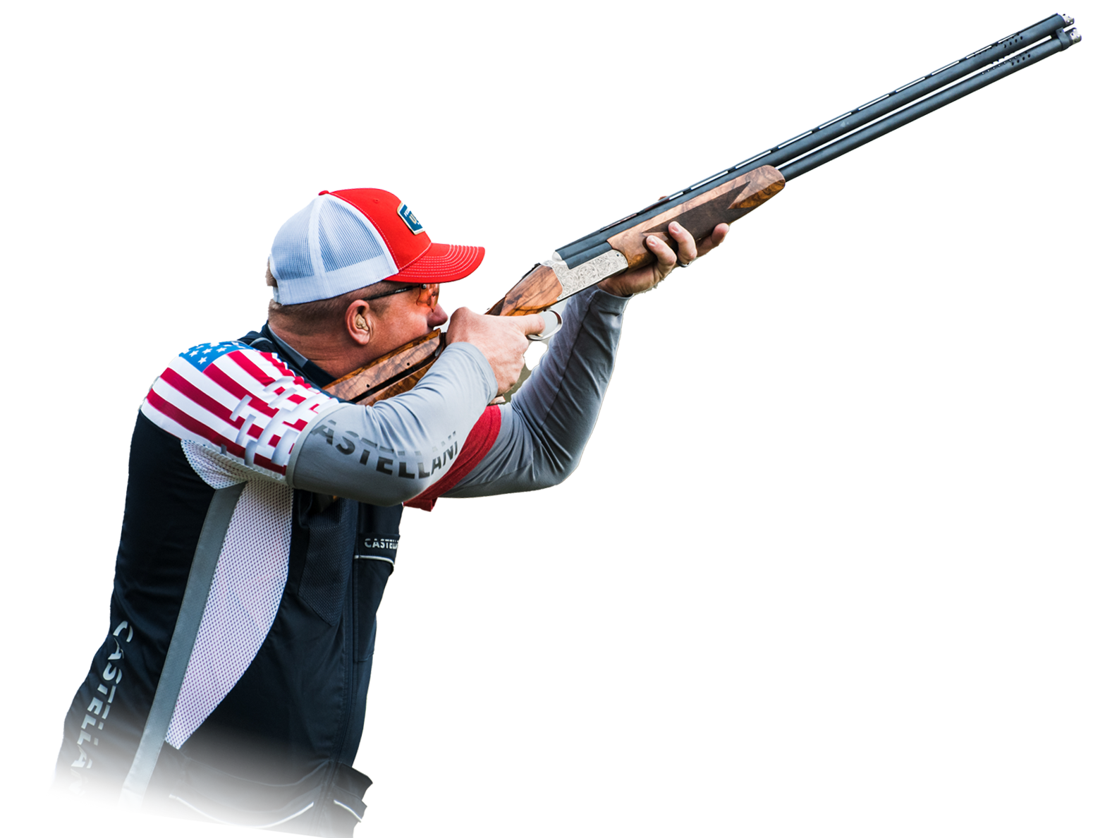 Man shoots long gun wearing competition shirt with American flag on sleeve